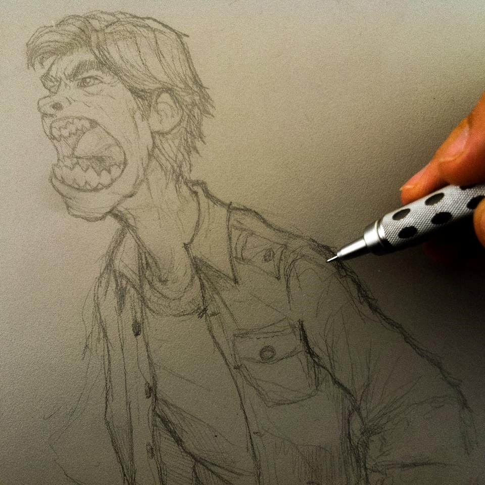 Pencil sketch of an angry guy.